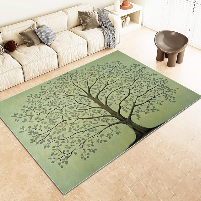 Washable Area Rug 8x10 ft Green Tree Leaves 3D Print Area Rug for Living Room Bedroom Kids Room Home Decor Carpet, Indoor Non-Slip Floor Rug Mat, Low Pile Rugs