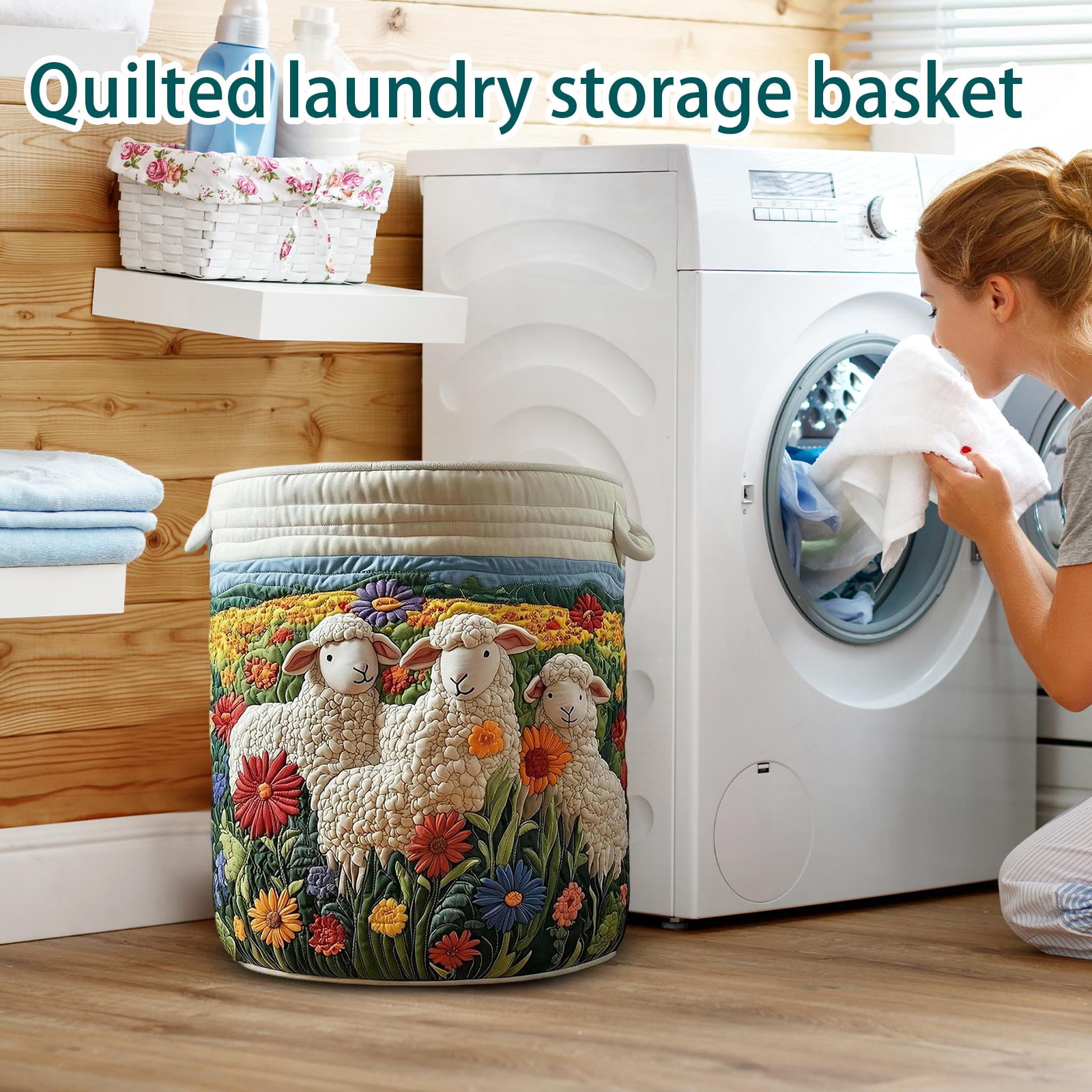 Quilted Laundry Basket Vintage Floral Laundry Hamper with Handles Foldable Storage Basket for Clothes(28" x 20")