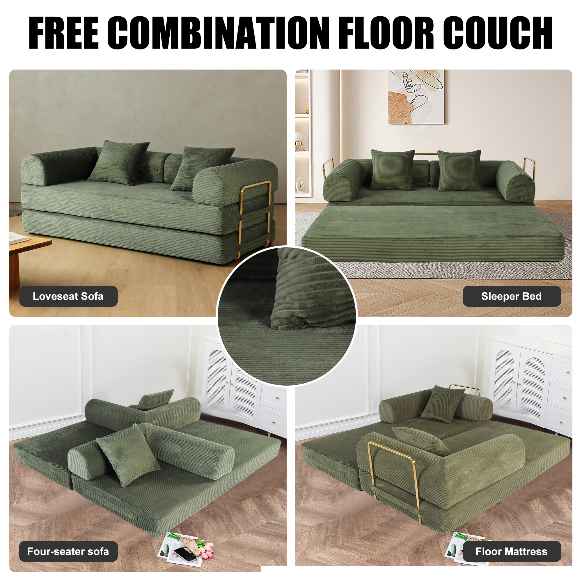 2-in-1 Foldable Sofa Bed 75 Inch Folding Couch Convertible Compressed Sleeper Sofabed Memory Foam Faux Fur Upholstered Cloud Couch Mattress Bed 2 Pillows Green