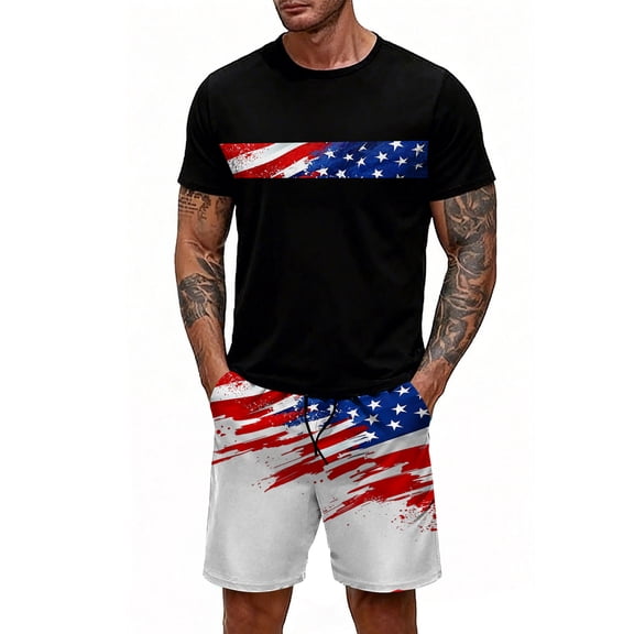 GrmtClth Usa Flag 2 Piece Outfits for Men Patriotic 4th Of July Tee and Shorts Set Casual Short Sleeve Outfit Fashion Elastic Drawstring Clothes Watermelon Red 4XL