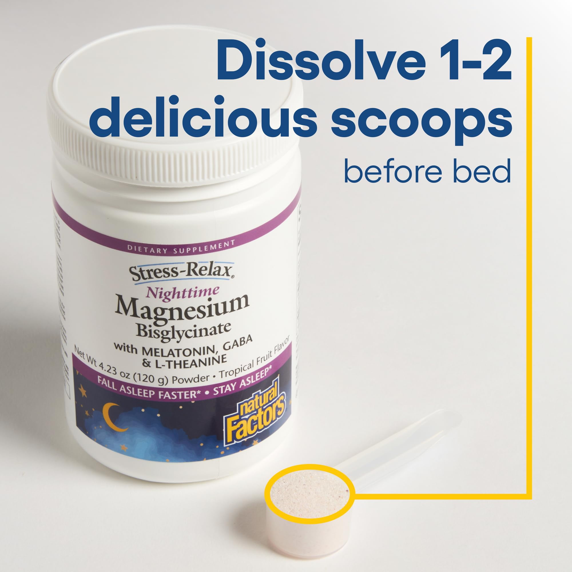 Natural Factors Stress-Relax Nighttime Magnesium Bisglycinate Powder with Melatonin, L-Theanine and Pharma GABA, Supports Sleep & Relaxation, Tropical Flavor, 4.23 oz Powder