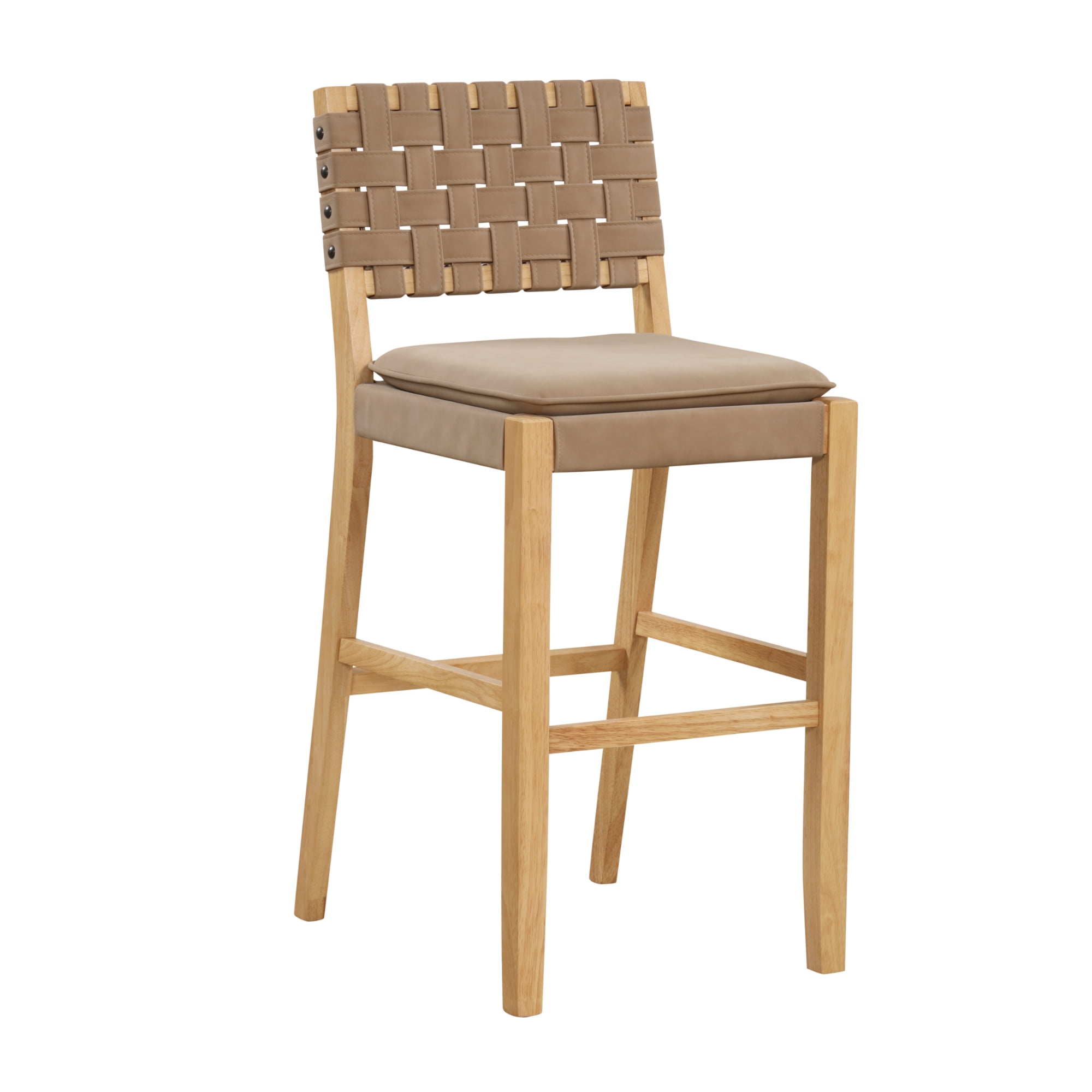 Nathan James Cohen Mid-Century Modern 29 in. Wood Bar Stool, Upholstered Faux Leather Bar Height Stool with Solid Wood Frame, Natural Brown