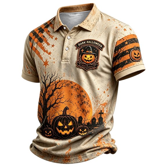 Leidass Mens Halloween Polo Shirt Short Sleeve Casual Collared Pullover with Button Khaki 2XL