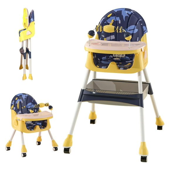 PUEDO 4-in-1 Baby High Chair Portable Toddler Dining Chairs Eat & Play Convertible Highchair with Adjustable Tray, Yellow & Blue