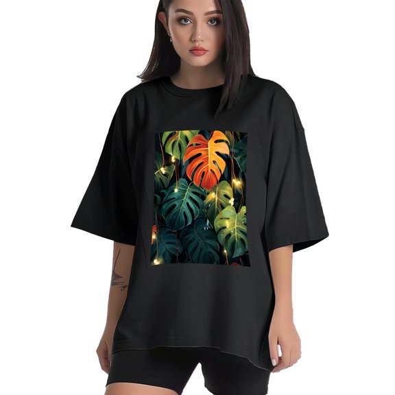 Plus Size Shirt for Women Black Tops for Women Short Sleeves Shirt for Women Tropical Plant Leaves 1 T Shirt Crewneck Shirt for Women XS