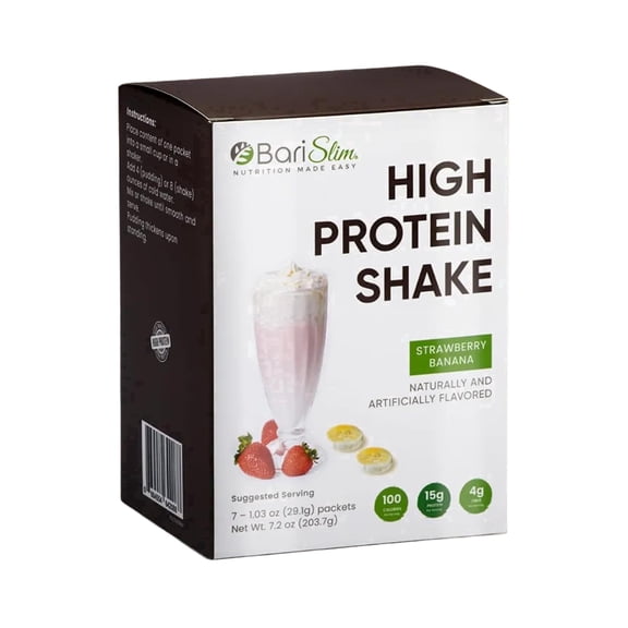 BariSlim High Protein Shake Powder, Weight Management & Energy Support, Strawberry Banana Flavor, 7 Count, 9 oz, Adults