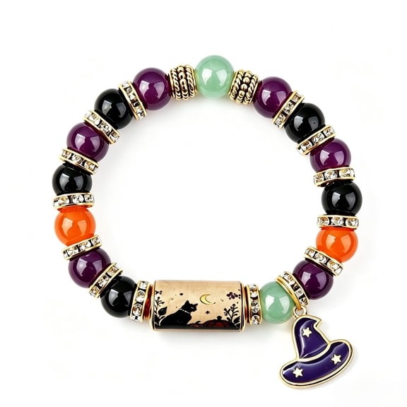 Halloween Pumpkin Beaded Bracelet, Stretch Beaded Wristband, Festive Witch Hat Accent, Comfortable Elastic Fit, Holiday Party Accessory, Thanksgiving Gift For Women