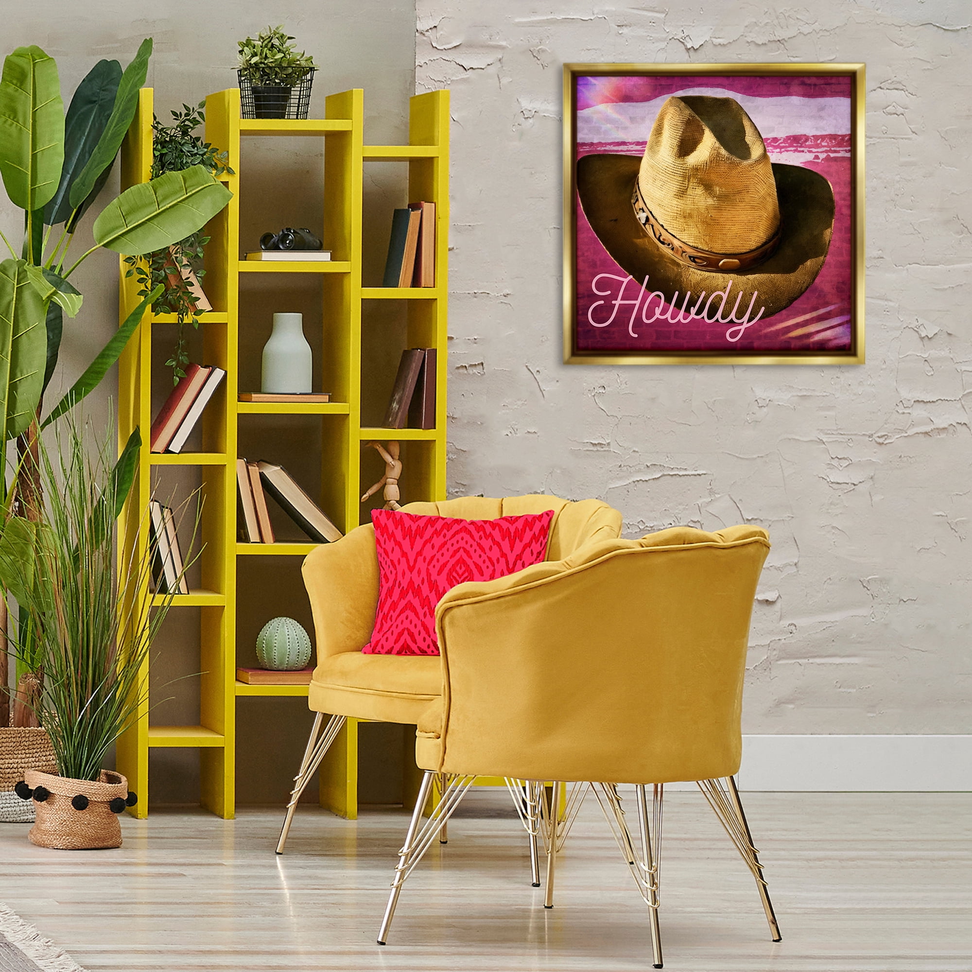 Stupell Industries Howdy Cowboy Hat on Pink Text & Numbers Painting Gold Floater Framed Canvas Art Print Wall Art, 25 x 25