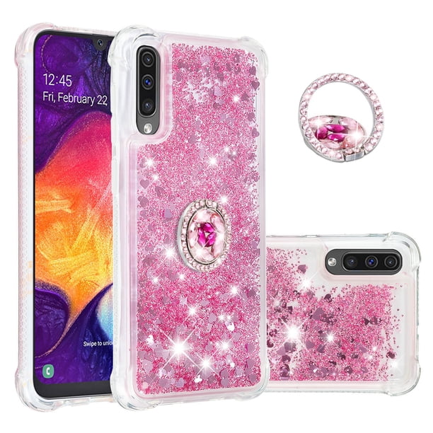 Funda para Samsung Galaxy A30/A50/A50S con Brillo Líquido Flotante, Purpurina, Parachoques y Anillo Giratorio Soporte
