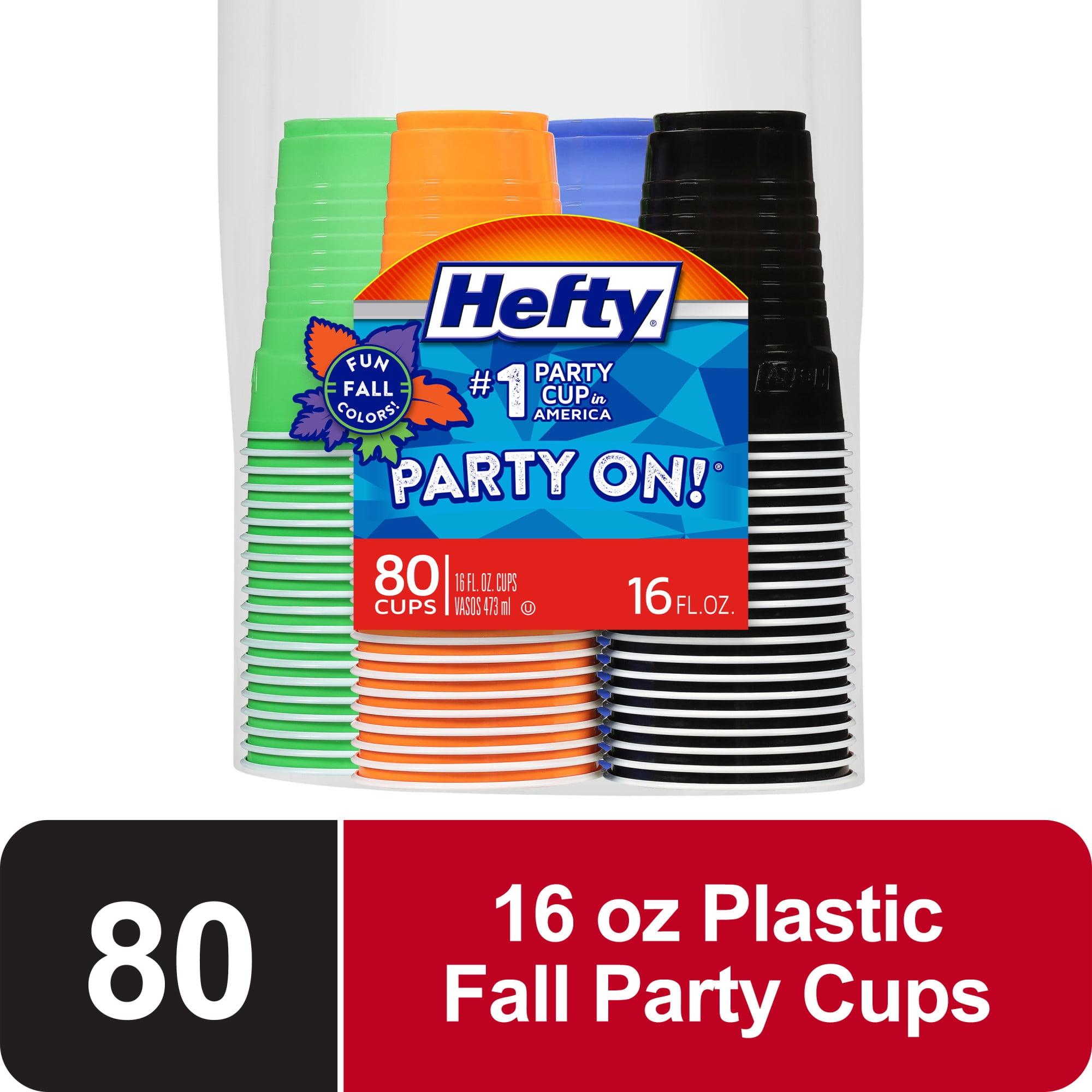 Hefty Party On Disposable Plastic Party Cups, Halloween Assorted Colors, 16 oz., 80 Count