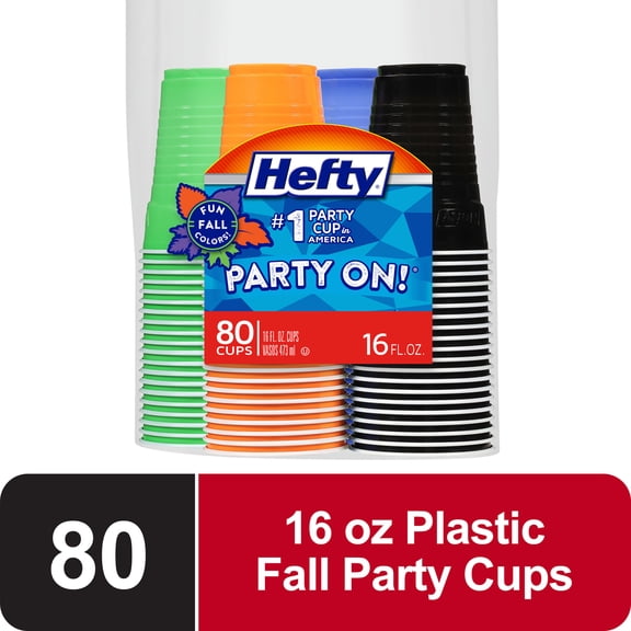 Hefty Party On Disposable Plastic Party Cups, Halloween Assorted Colors, 16 oz., 80 Count