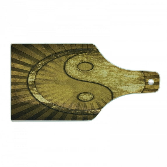 Ying Yang Cutting Board, Industrial Eastern YingYang on top of Sunburst Technological Pattern, Decorative Tempered Glass Cutting and Serving Board, Wine Bottle Shape, Brown Pale Brown, by Ambesonne