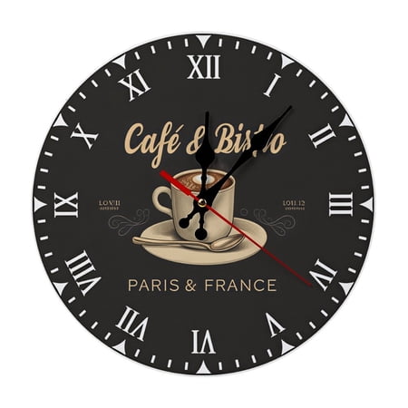 2D Flat Wall Clock Art Print, Silent Non Ticking Battery Operated,Vintage French Cafe Wall Clock 2D Print Decorative for Bathroom Kitchen Bedroom 10 & 12 Inches, Ships Next Day, No Battery