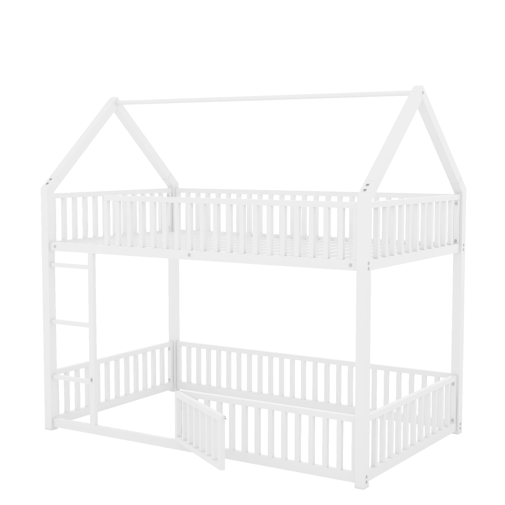 Aukfa Twin-over-Twin Bunk Bed with Fence and Door, Metal House Bed Frame for Kids Toddy, White