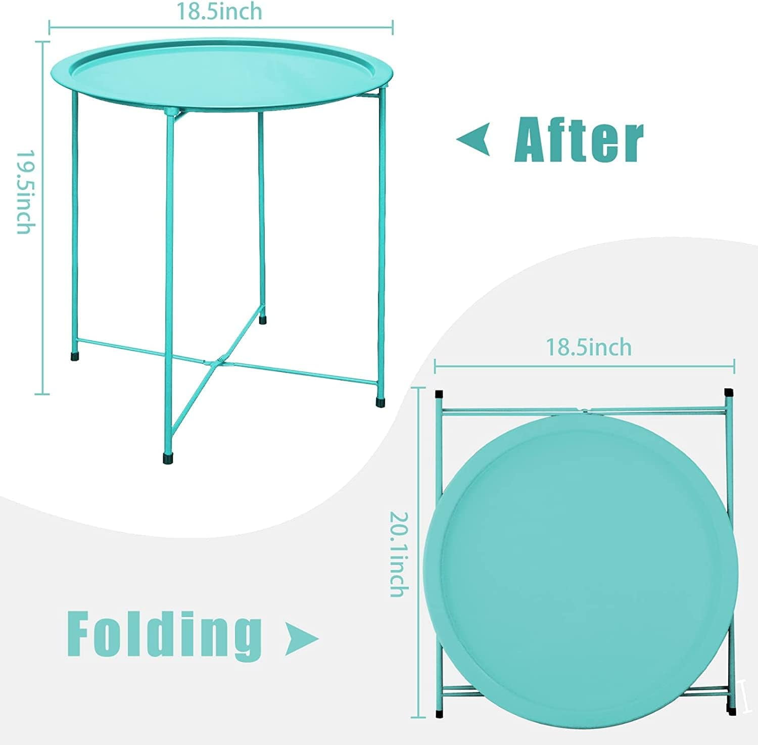 Folding Tray Metal Side Table 2PC Green Round End Table Cyan Sofa Small Accent Fold-able Table, Round End Table Tray, Next to Sofa Table, Snack Table for Living Room and Bed Room
