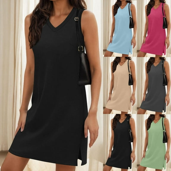 Eiyaclvo Summer Dresses for Women V-Neck Sleeveless Mini Dress Casual Beach Vacation Sundresses Tank Dress with Split