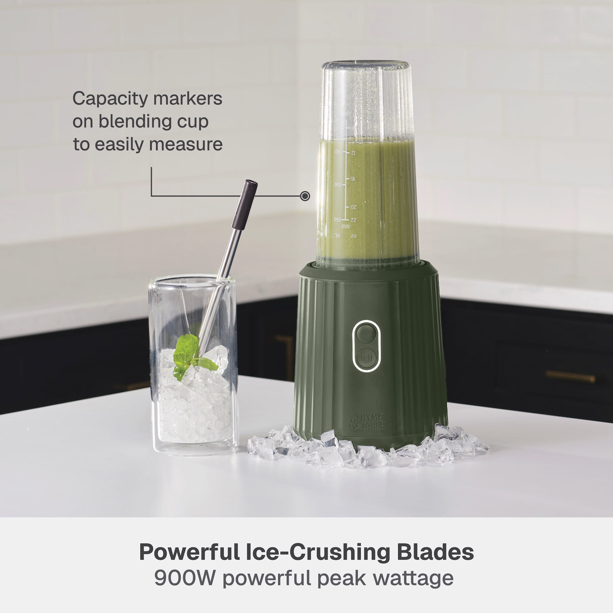 Thyme & Table 900 W 25 oz Single Serve Blender with Tritan Vessel, Smart Seal Lid and Straw, 6-Point Stainless Steel Blade, Dusty Moss