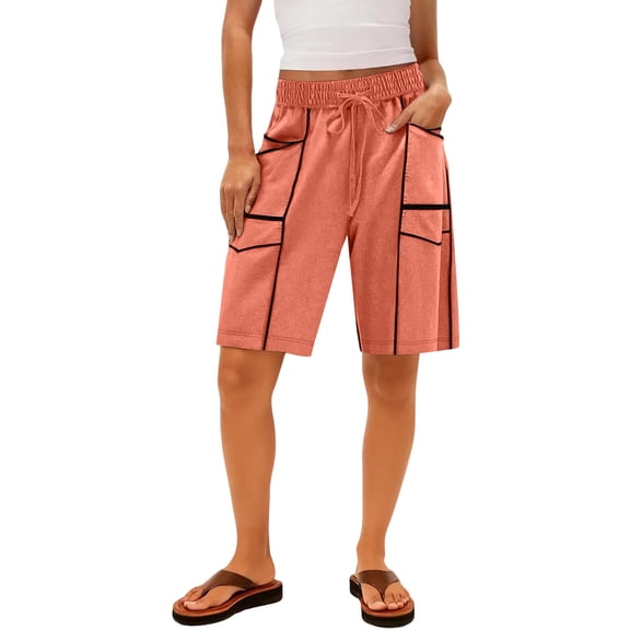 WMTBSRSW Women's Sweat Shorts with Pockets 5 Inch High Waisted Comfy Athletic Shorts for Women Color Block Casual Summer Drswastring Shorts Orange XX-Large