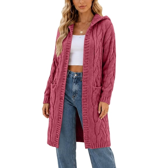 Xdegoge Womens Long Hooded Cardigan Sweaters Open Front Chunky Cable Knit Duster Coat with Pockets Fall Winter Warm Thick Oversized Outerwear