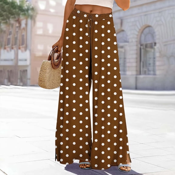 Mifsaly Wide Leg Flowy Pants for Women Polka Dot Lounge Pants Lightweight Casual Loose Fit Palazzo Trousers Brown,XL