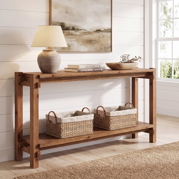 Fnova 63" Solid Wood Farmhouse Console Table, 2-Tier Entryway Table with Storage Shelf, Narrow Long Sofa Table for Living Room, Hallway, Foyer
