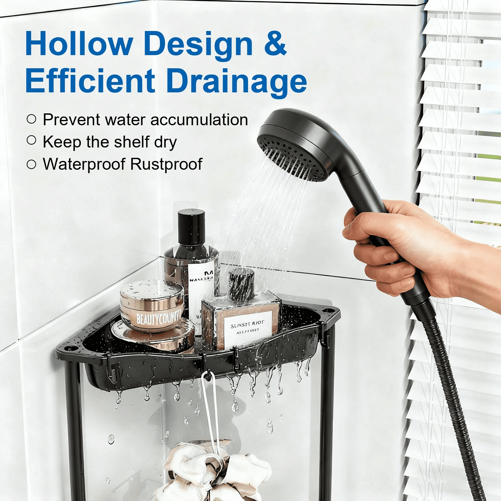 TINANA 4 Tier Floor Standing Corner Shower Caddy Organizer: Reinforced Plastic Shower Shelves with Extra-Tall Storage for Large Shampoo Bottles, Rustproof Bathroom Corner Shelf Rack with Hooks, Black