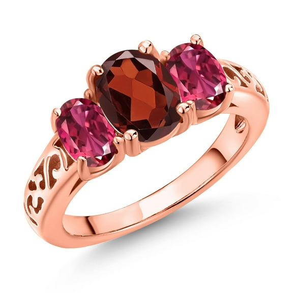 Gem Stone King 18K Rose Gold Plated Silver Red Garnet and Pink Tourmaline Filigree Style 3 Stone Ring for Women (2.45 Cttw, Oval 8X6MM and 6X4MM) (Size 9)