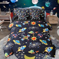 Feelyou Rocket Planet Bedding Comforter Set 7pcs, Mystic Outer Space Queen Bedding Sets, Teens Kids Boys Girls Reversible Queen Sheet Sets, Luxury Bedroom Decor