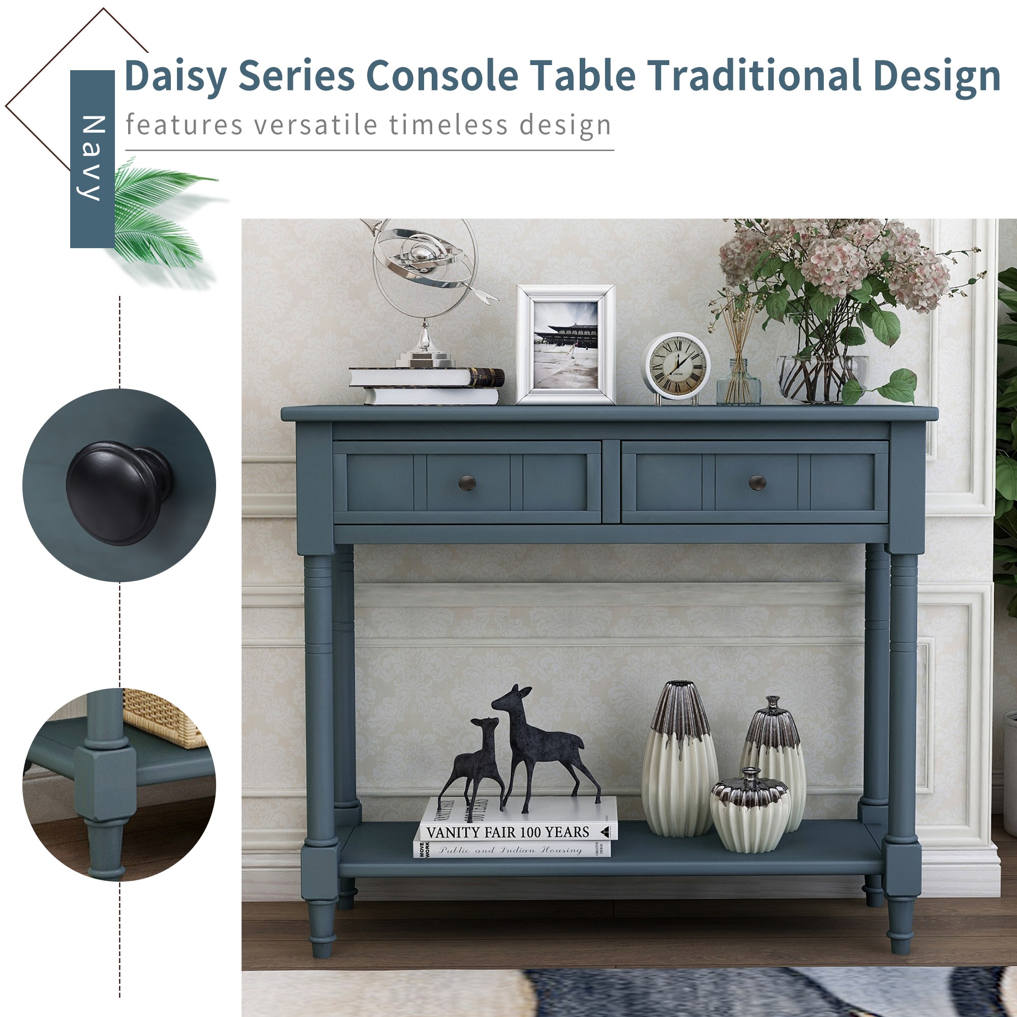 35" Console Table with Drawers,Wood Entryway Table Hallway Table with Open Storage for Living Room,Entryway, Hallway,Navy