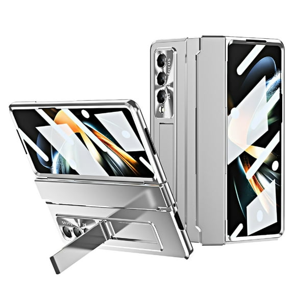 ELEHOLD for Samsung Galaxy Z Fold 4 Armor Plating Case, Build-in Screen Protector Wireless Charging Hinge Protection Hidden Kickstand Full Body Protective Shockproof Case for ZFold 4 7.6 inch,Silver