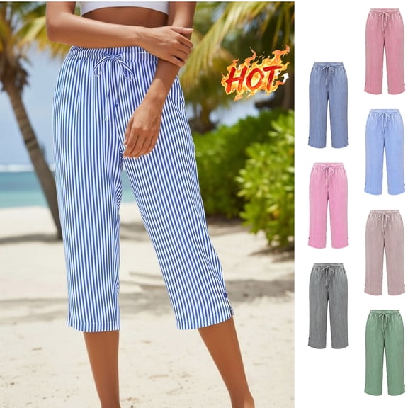 WPPGONE Cotton Capris for Women Plus Size High Elastic Waisted Drawstring Straight Leg Strip Side Button Split Cropped Bottoms Breathable Summer Trousers with Pockets, S-3XL