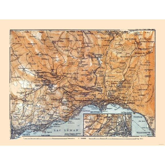 Historic Map - Lake Geneva Switzerland - Baedeker 1921 - 30.06 x 23 - Vintage Wall Art