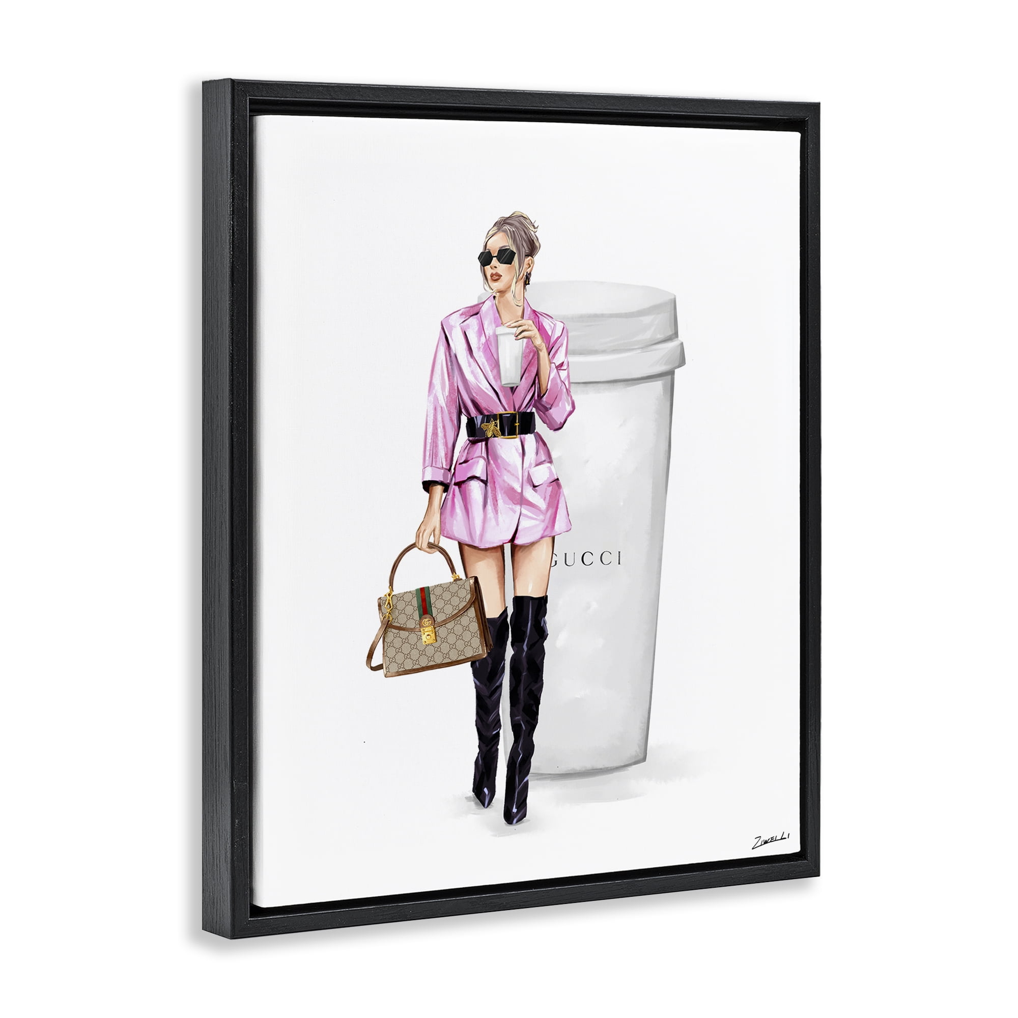 Stupell Industries Glam Woman with Coffee People Painting Black Floater Framed Canvas Art Print Wall Art, 25 x 31