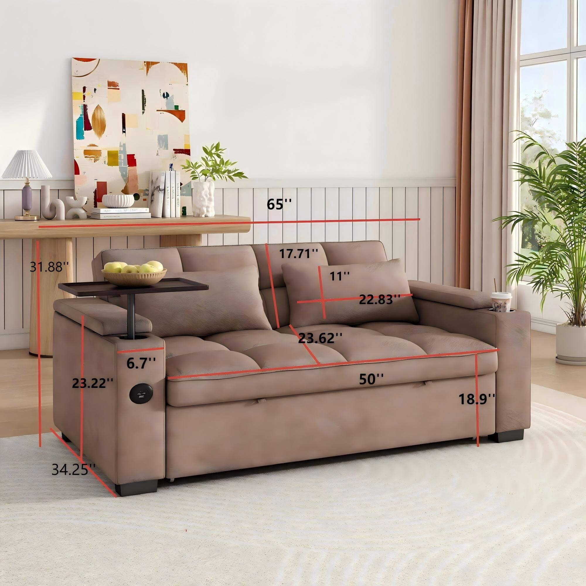 DEALTOPS 65" 3-in-1 Sleeper Sofa Bed, 3-Position Pull Out Couch with 90° Swivel Table, USB & Storage, Chenille, Brown