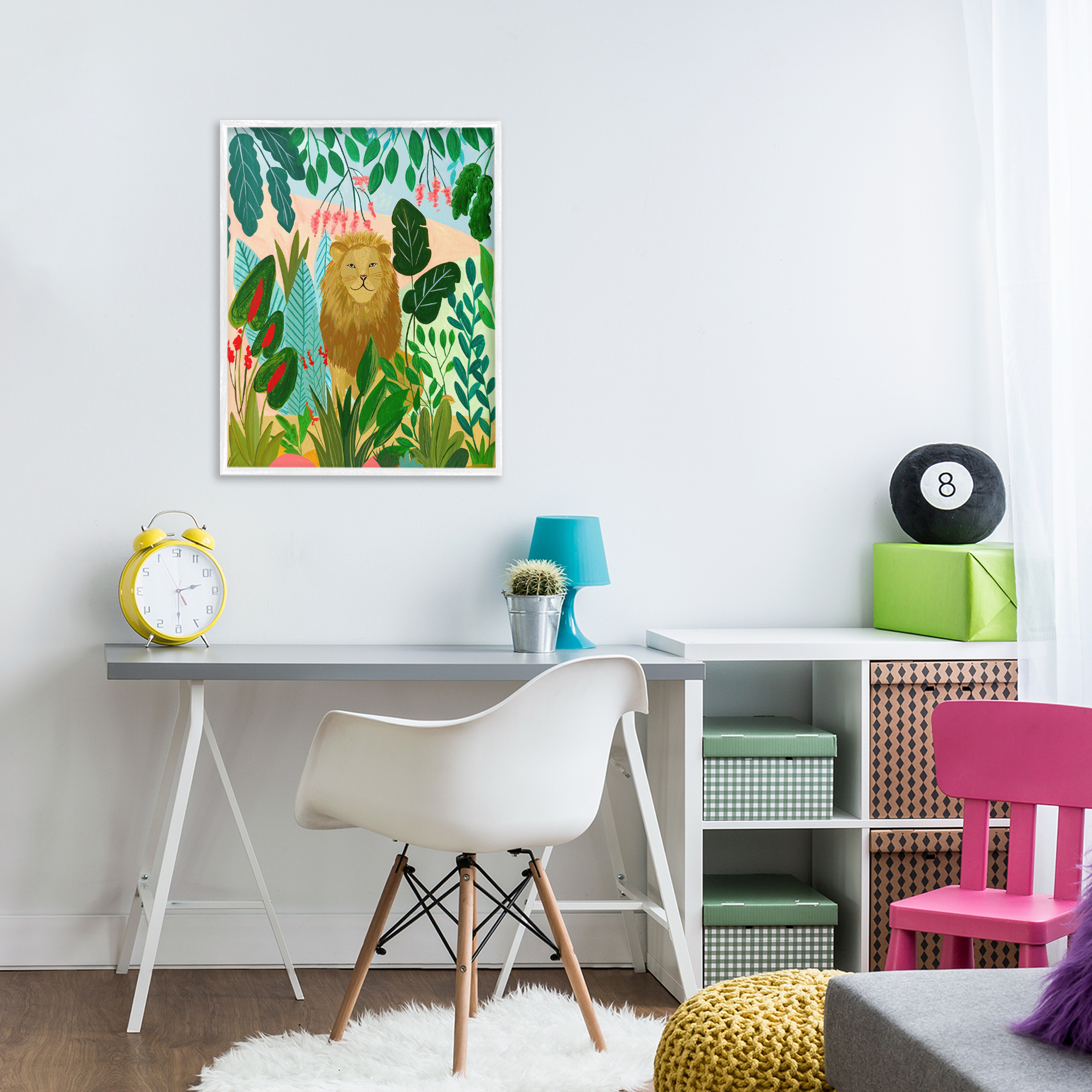 Stoic Lion Tropical Forest White Framed Giclee Art, design by Nabeela Rumi
