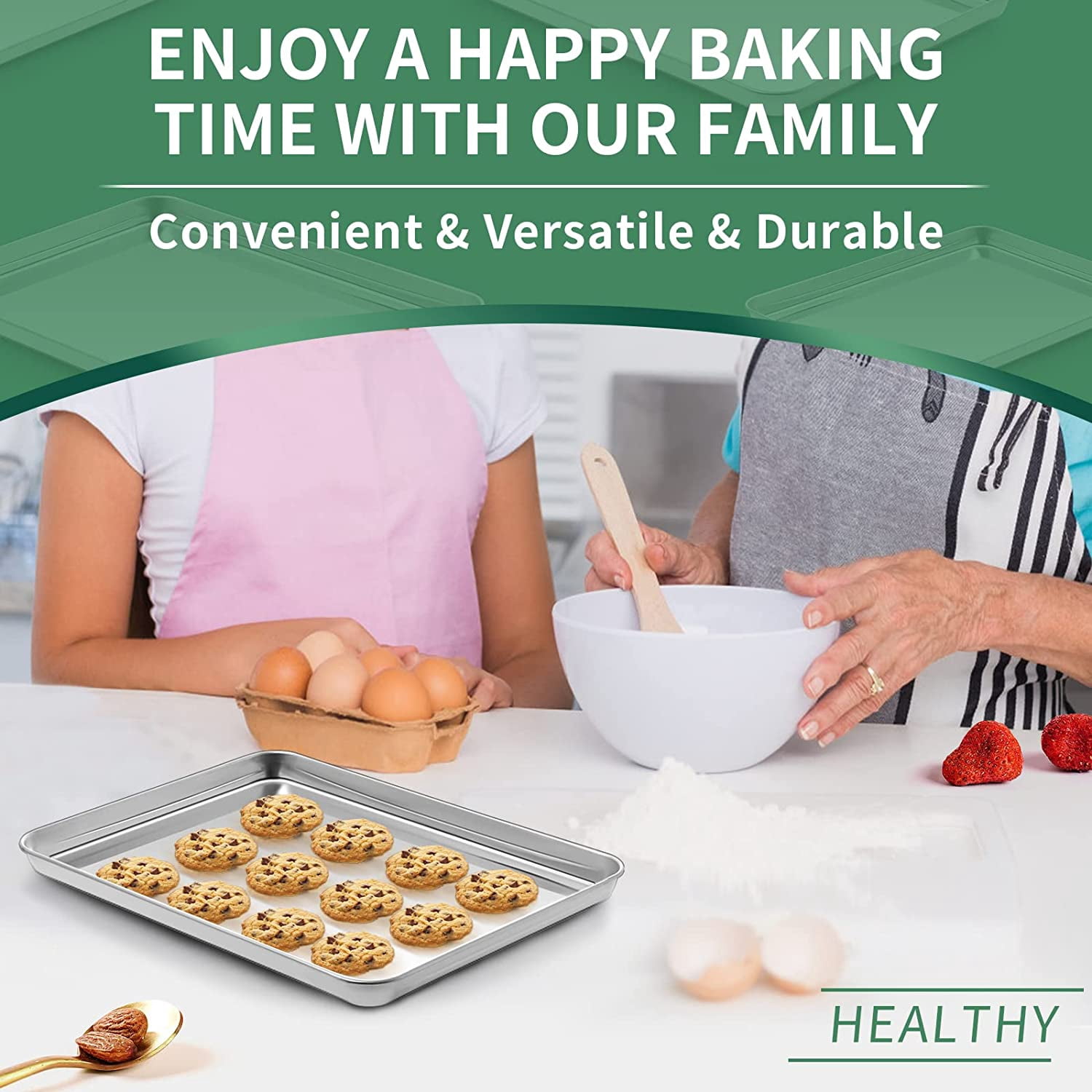 Baking Sheet Set of 2, 12 inch Commercial Grade Stainless Steel Baking Pan, Professional Bakeware Oven Tray, Healthy & Non-toxic, Rust Free & Mirror Finish, Easy Clean & Dishwasher Safe