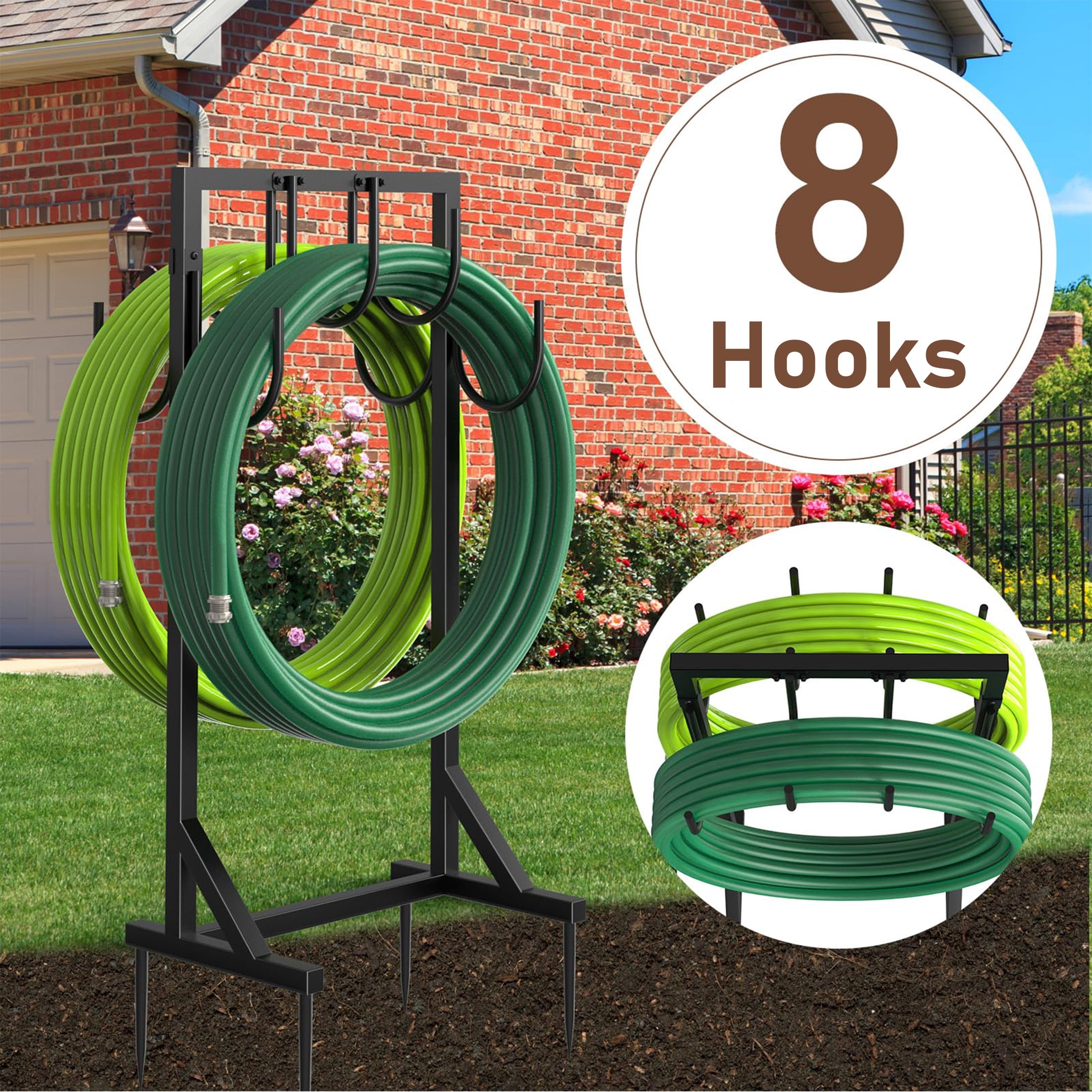 Yacona Garden Hose Holder, Heavy Duty Water Hose Storage for Outside with 8 Hooks, Freestanding Hose Reel Hanger, Black