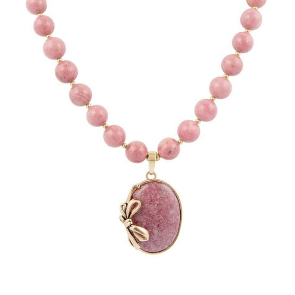 Gifted Pink Rhodonite Gold Bow Beaded Pendant Necklace