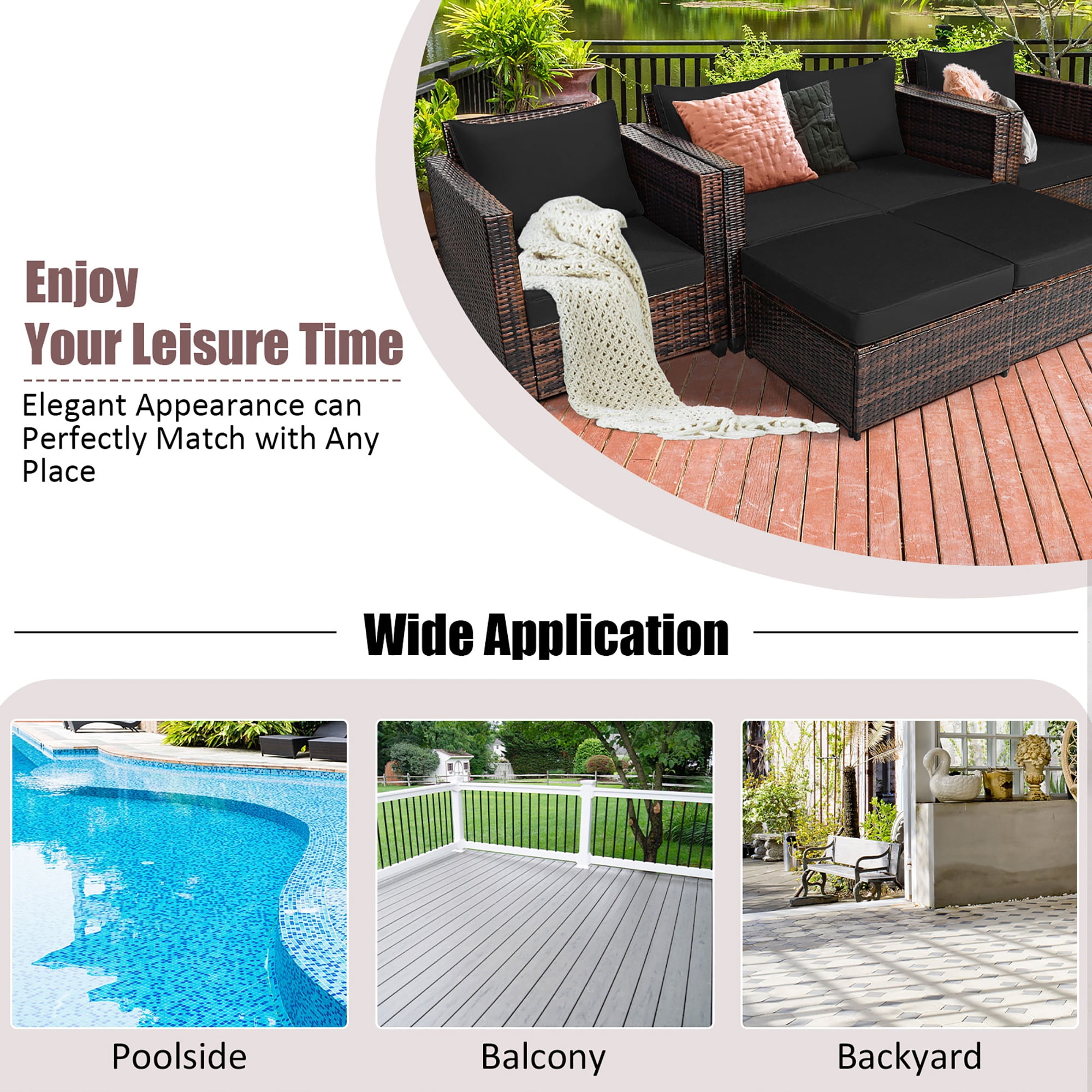 Costway 5PCS Patio Rattan Furniture Set Loveseat Sofa Ottoman Cushioned Black