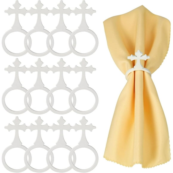MWOOT Cross Napkin Rings Set of 12, White Crosses Religious Wooden Napkin Ring Holders Buckle for Easter Wedding Holiday Dinner Party Banquet Decoration, First Communion Table Settings Accessories