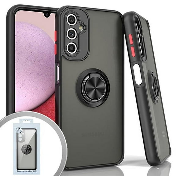 For Samsung Galaxy A14 5G SM-A146 O-Ring Kickstand Cover Phone Case   Tempered Glass - Black