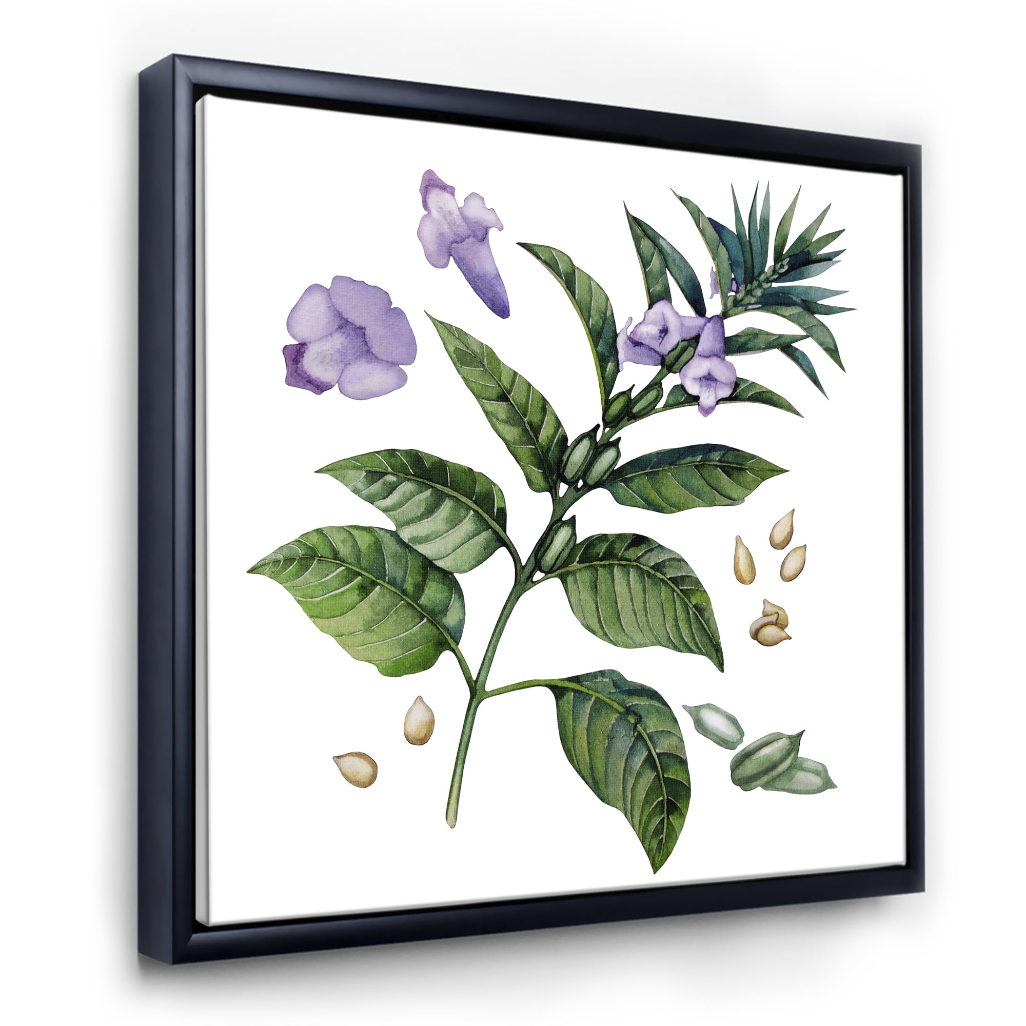 Designart 'Purple Sesame Flowers WIth Green Leaves On White' Traditional Framed Canvas Wall Art Print