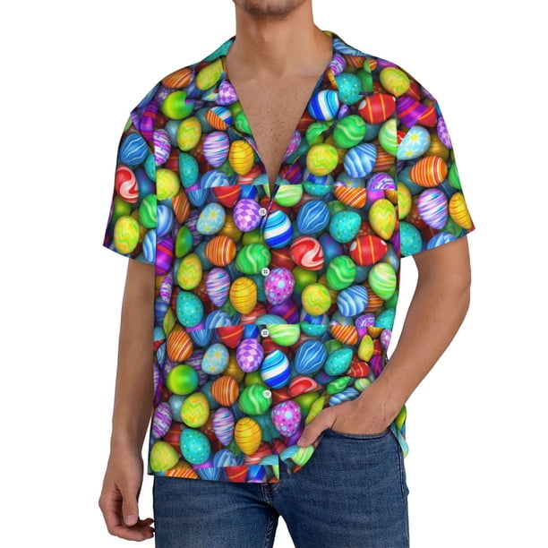 Fotbe Colorful Easter Eggs1 Camisa Estampada de Manga Corta para Hombre, Casual de Verano, Estilo Playero, Sin Arrugas-Small