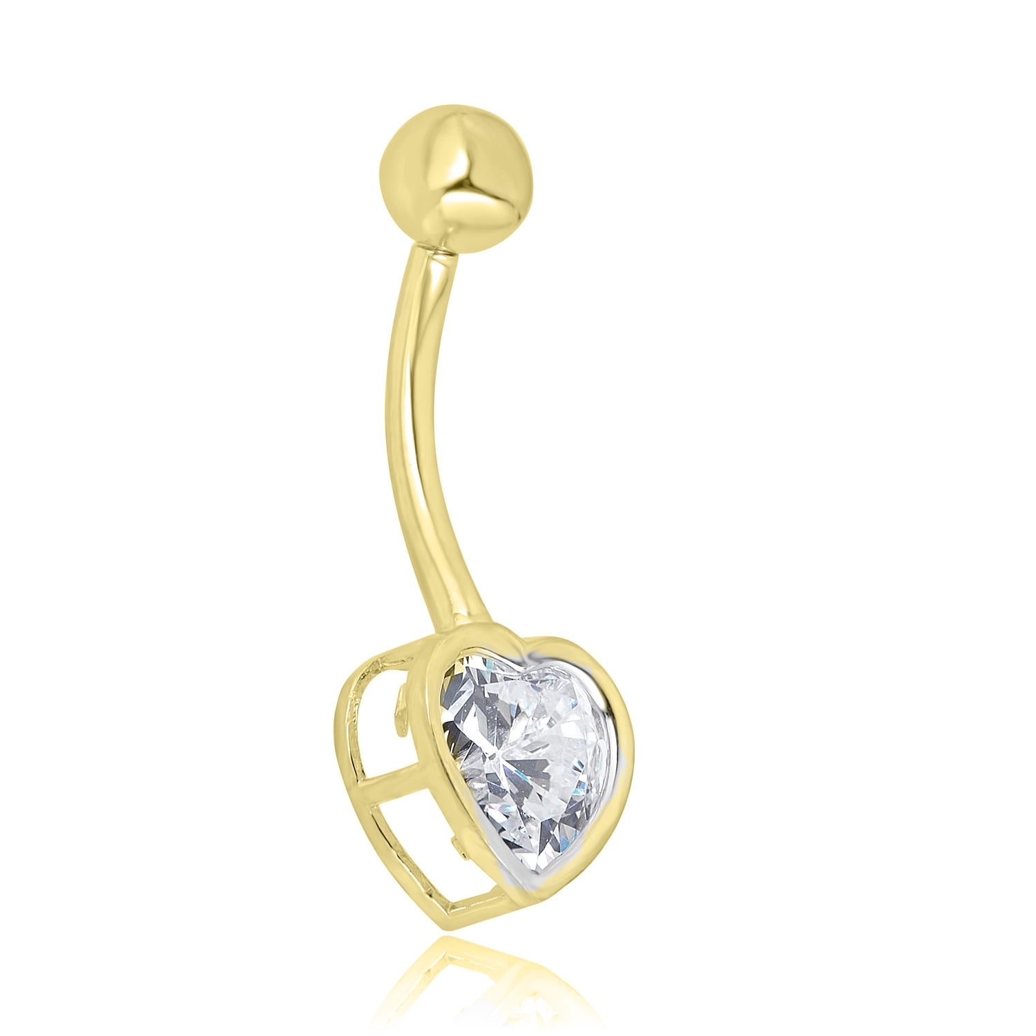 AVORA 10K Yellow Gold Simulated Diamond CZ Bezel Heart Belly Button Ring Body Jewelry (14 Gauge)