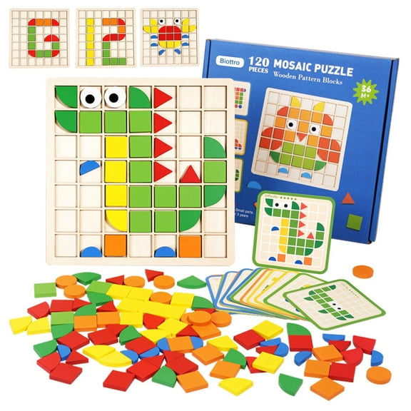 Wooden Mosaic Puzzle 120PCS Shape Pattern Blocks Preschool Learning Activities Educational Toys Shape Matching Game Montessori Toys for Toddlers Kids Boys Girls 3 4 5 Years Old
