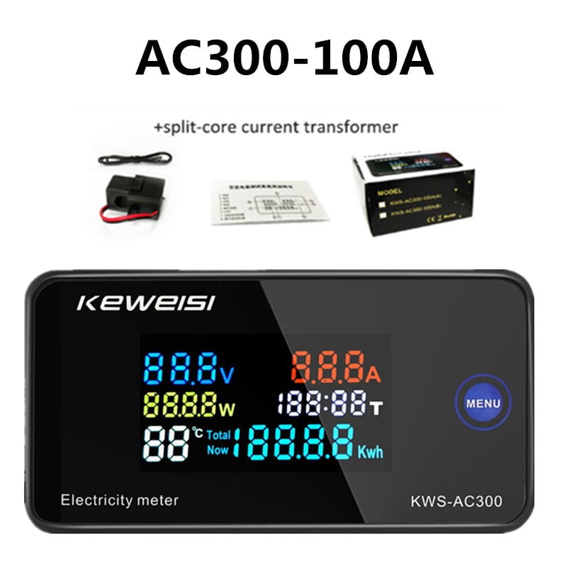 AC50-300V 6-in-1 Color Display Digital Power Energy Temp Meter Ammeter Voltmeter 