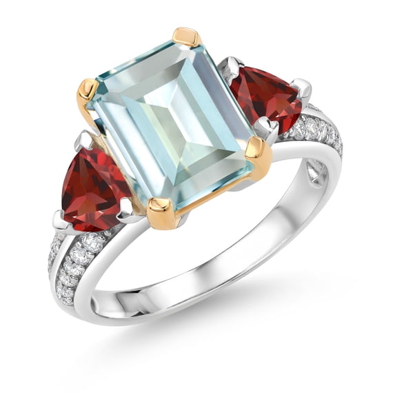 Gem Stone King 925 Sterling Silver and 10k Yellow Gold Sky Blue Simulated Aquamarine and Red Garnet 3 Stone Engagement Ring for Women (4.37 Cttw, Octagon Cut 10X8MM, Size 9)