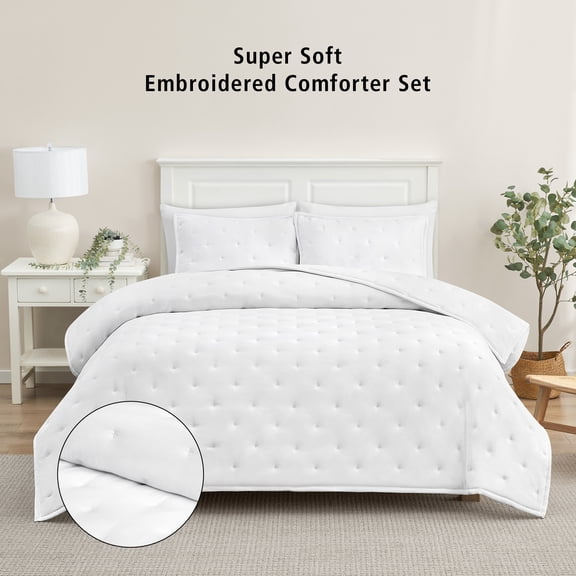 Mainstays Full/Queen Comforter Set, Super Soft & Embroidered, 3-Piece, White