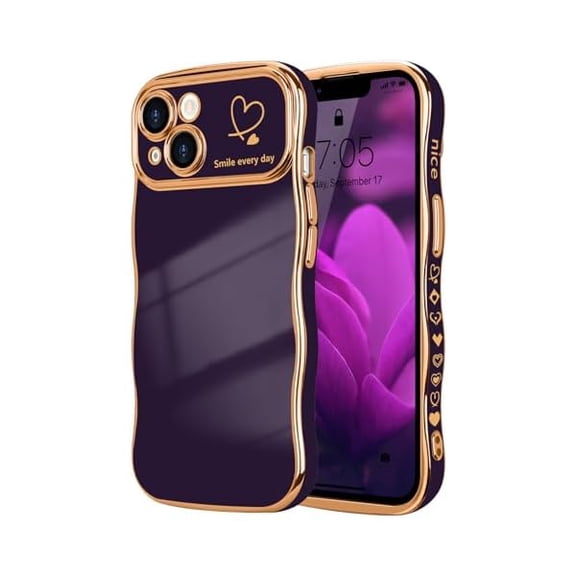 for iPhone 14 Case for Women Girls, Cute Wave Frame Curly Shape with Love Heart Pattern Raised Camera Protection Cover Luxury Plating Shockproof Phone Case for iPhone 14, Dark Purple