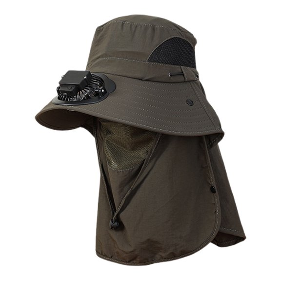 FUZHIQ Lightweight Cooling Fan Hat with Neck & Face Cover, Solar Powered Wide Brim Sun Hat with Breathable Mesh Window, Adjustable Fan for Men Women Fishing Hiking Camping Beach,One Size